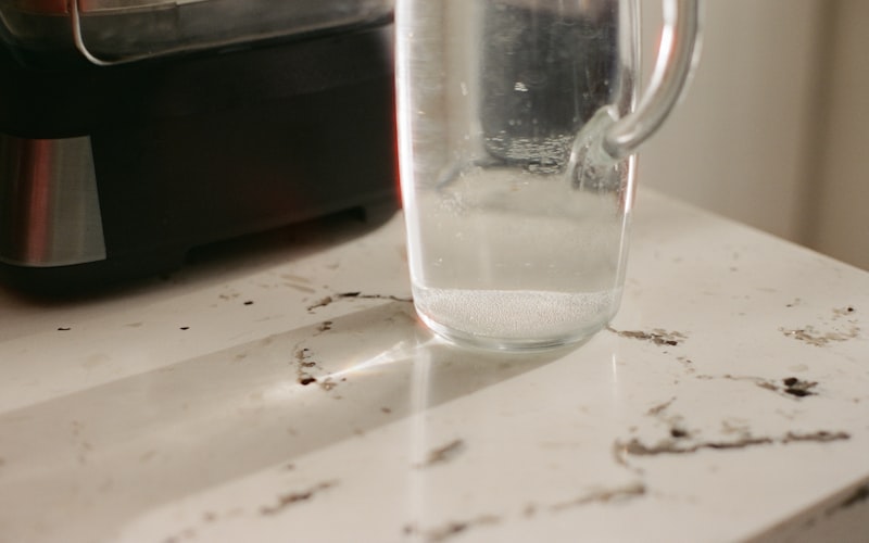 Clear glass pitcher of purified water on countertop
